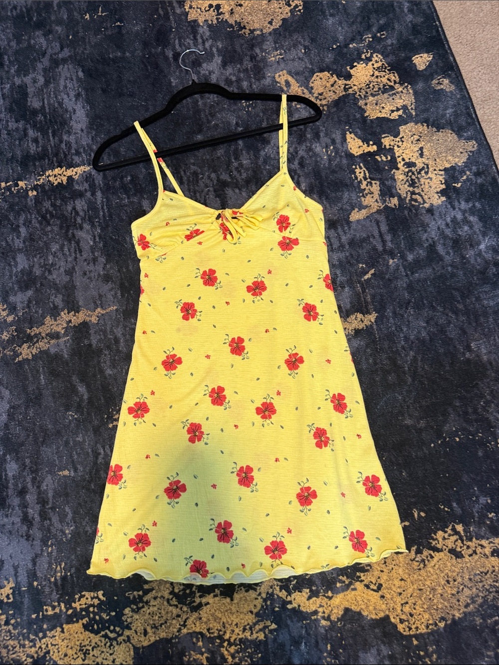 Source Unknown Yellow Slip Dress with Red Floral Print